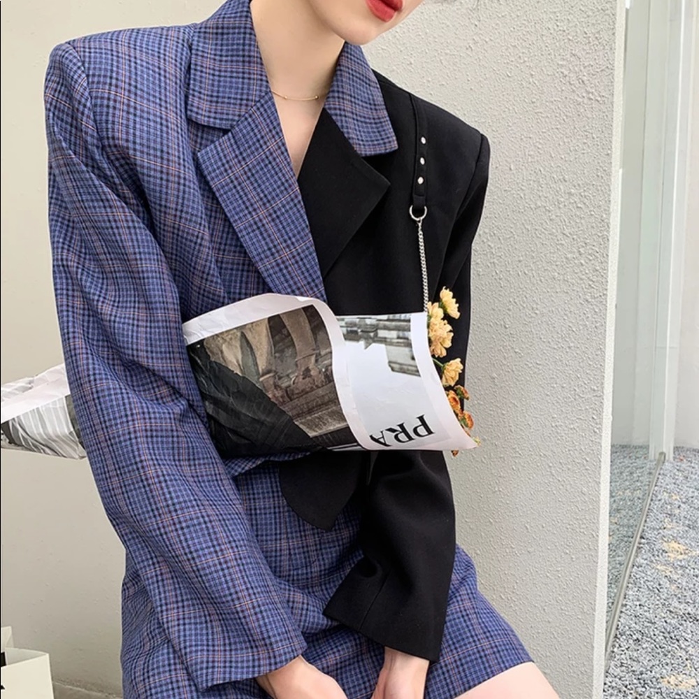 Purple plaid stitch black cropped blazer top